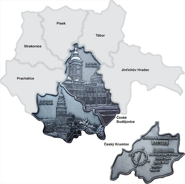 Sběratelské geocoiny z jižních Čech ve tvaru okresů s motivy Českých Budějovic a Českého Krumlova