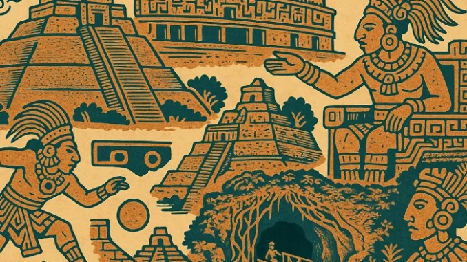 Ilustrace mayské civilizace s pyramidami, chrámy a hráči míčové hry – geocachingová výprava do Mexika.