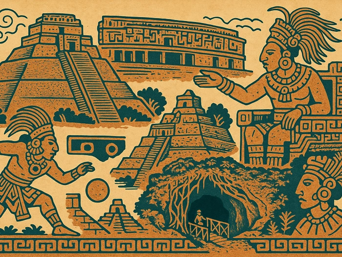 Ilustrace mayské civilizace s pyramidami, chrámy a hráči míčové hry – geocachingová výprava do Mexika.