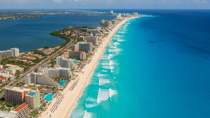Pohled na pobřeží Cancúnu s hotely, plážemi a tyrkysovým Karibským mořem.