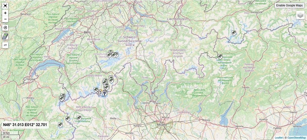 Keše s nejvyšší nadmořskou výškou v Evropě - mapa uložení