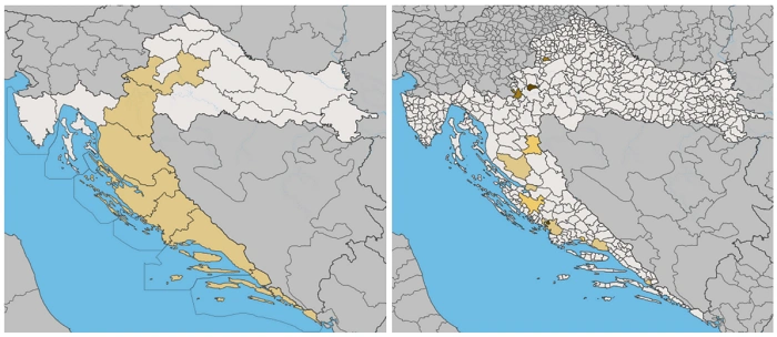 Porovnání staré a nové mapy Chorvatska – vlevo 21 žup, vpravo nových 556 okresů, které se nově zobrazují v geocachingových statistikách.