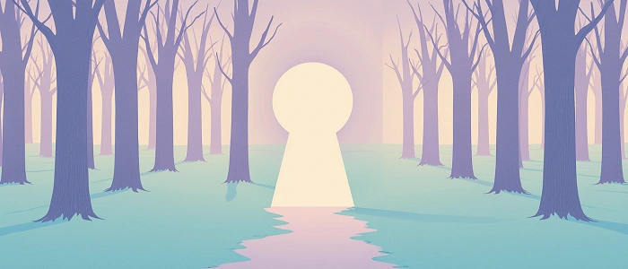 Abstraktní ilustrace lesa s velkým klíčovým otvorem symbolizujícím přístup, svobodu a objevování nových míst v geocachingu.