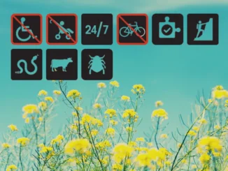 Atributy v geocachingu – ikony označující přístupnost, vybavení a nebezpečí při hledání keší, na pozadí kvetoucí louky pod modrou oblohou.