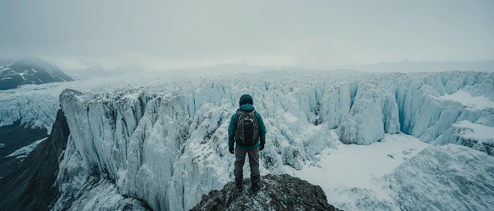 Osoba v zimním trekovém oblečení stojí na okraji ledovce a sleduje zamrzlou krajinu – symbol bezpečného zimního geocachingu.