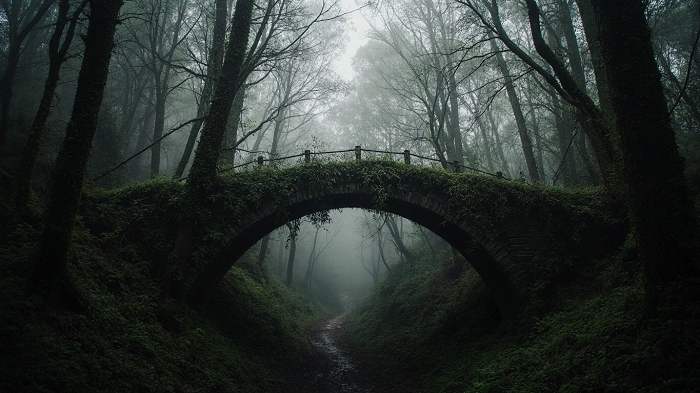 Realistická fotografie starého kamenného mostu zarostlého mechem uprostřed lesa v ranní mlze, symbolizující atmosféru zapomenutých míst a minulosti v geocachingu.