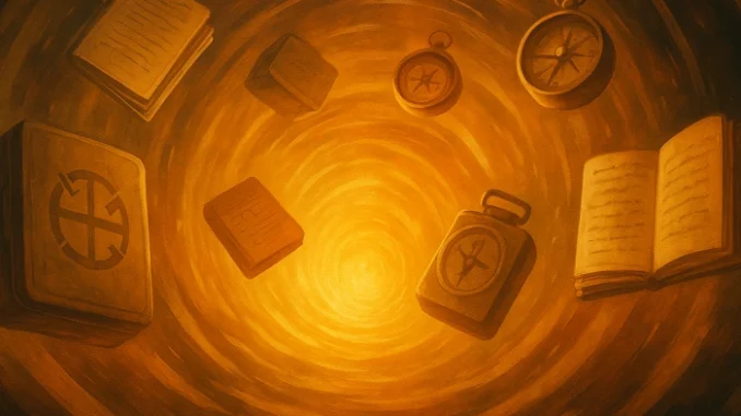 Ilustrační obrázek k tématu Blast from the Past – vír času se starými geocachingovými krabičkami, kompasem a logbookem v teplých zlatavých odstínech.