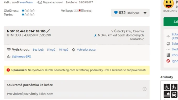 Ukázka listingu geocachingové keše „Museum of Geocaching“ na webu geocaching.com s informacemi o souřadnicích, obtížnosti, terénu a oblíbenosti.