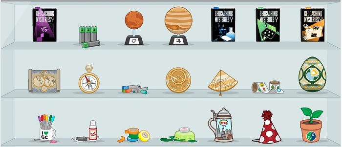 Ilustrační obrázek digitálních Pokladů v geocachingu – virtuální sbírka předmětů a trofejí, které hráči získávají za splnění výzev.