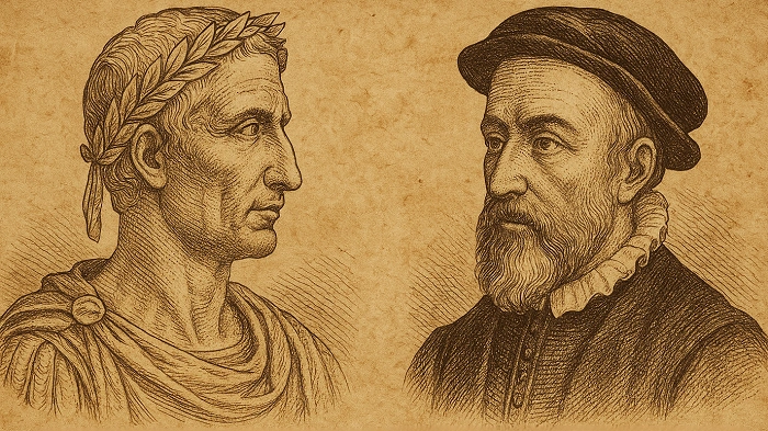 Portréty Julia Caesara a Blaise de Vigenèra na starém pergamenu jako symboly historických šifer používaných v mystery keších.