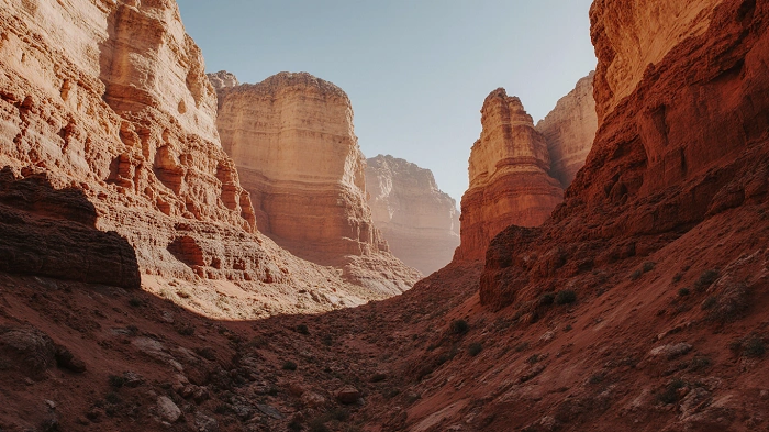 Impozantní skalní kaňon s červenohnědými vrstvami hornin osvětlený ranním sluncem – ideální místo pro EarthCache a geologické objevování.