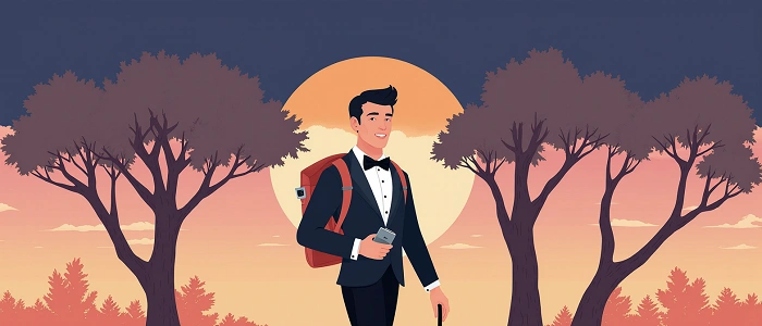 Ilustrace geocachera ve smokingu s batohem na zádech, symbolizující etiketu při geocachingu.