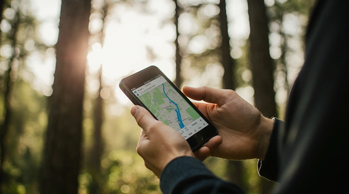 Geokačer drží v ruce GPS přístroj a smartphone s mapou, symbolizující dva způsoby, jak začít s geocachingem.