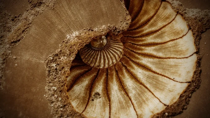 Detail fosilie amonita s viditelnými spirálovými vrstvami a pískovým povrchem, symbolizující pradávný poklad přírody.