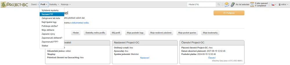 Ukázka rozhraní Project-GC se seznamem FTF – osobní přehled prvních nálezů geocachera s podrobnými statistikami.