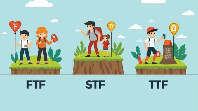 Geokačer slaví nález první keše FTF, zatímco další hráči přicházejí – ilustrační obrázek ukazující FTF, STF, TTF a coFTF v geocachingu.