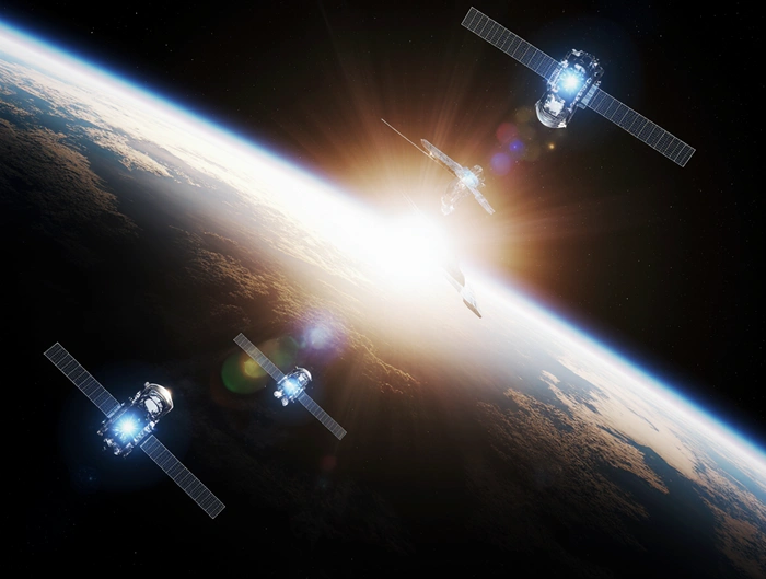 Zobrazení GPS satelitů obíhajících Zemi – princip fungování GPS souřadnic při geocachingu.