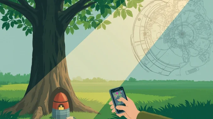 Geokačer hledá ukrytou keš v lese pomocí GPS přístroje, v ruce drží malou krabičku s logbookem.