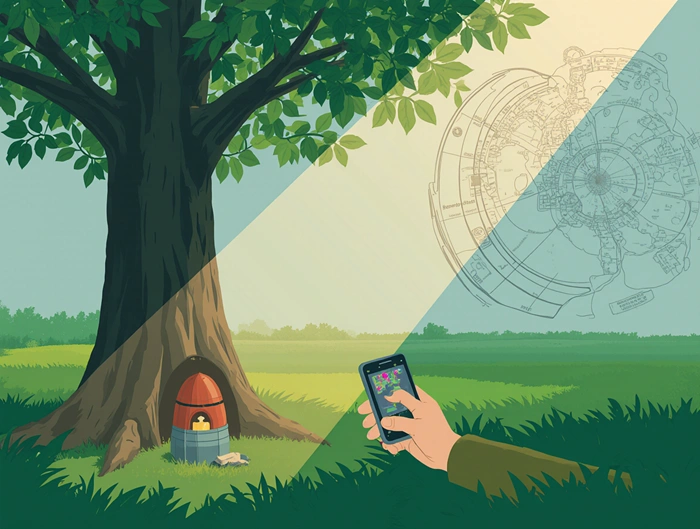 Geokačer hledá ukrytou keš v lese pomocí GPS přístroje, v ruce drží malou krabičku s logbookem.