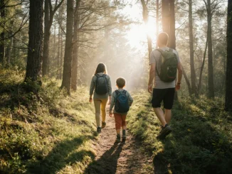 Rodina s dětmi na výpravě lesem při hledání pokladů, společné dobrodružství a objevování přírody.