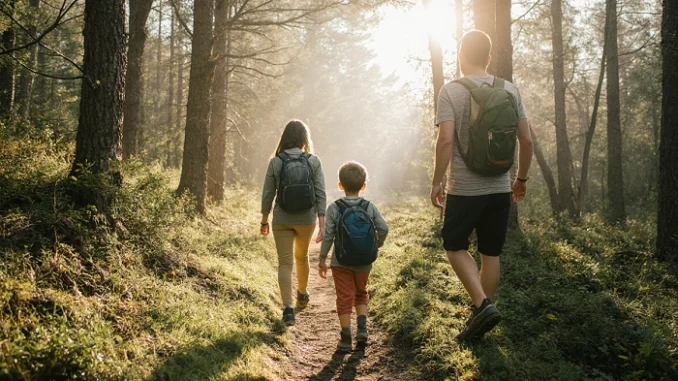 Rodina s dětmi na výpravě lesem při hledání pokladů, společné dobrodružství a objevování přírody.