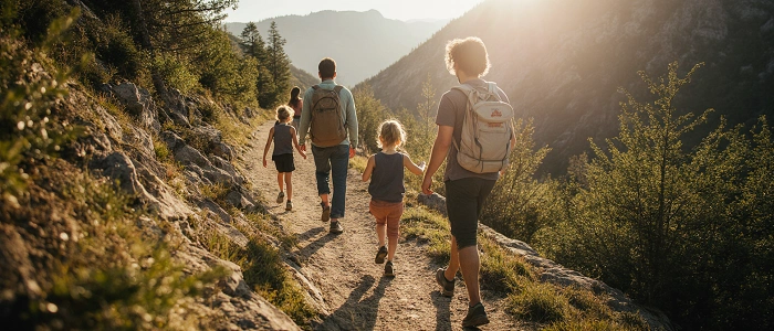 Rodina s dětmi na horské stezce při geocachingu, slunečné odpoledne, bezpečný společný výlet do přírody.