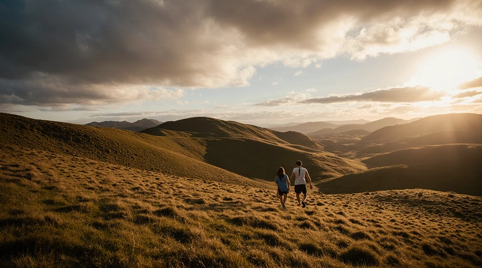 Dva lidé kráčejí krajinou zalitou zapadajícím sluncem – symbol svobody, objevování a začátků geocachingu.