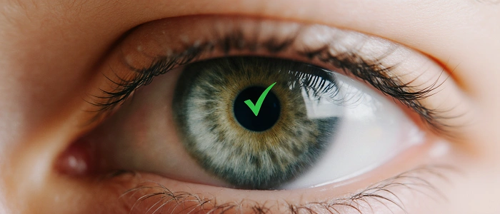 Detail lidského oka se zeleným symbolem zaškrtnutí v duhovce – symbol překonání geoslepoty a obnovení pozornosti při hledání keší.