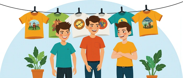 Tři kamarádi stojí pod šňůrou plnou geocachingových triček – ilustrace inspirovaná začátky společnosti Groundspeak.