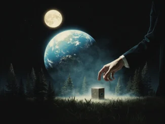 Ruka sahající po malé krabičce v noční krajině pod svitem měsíce a planety Země – symbol zrodu geocachingu a přechodu od vojenské technologie ke hře v přírodě.