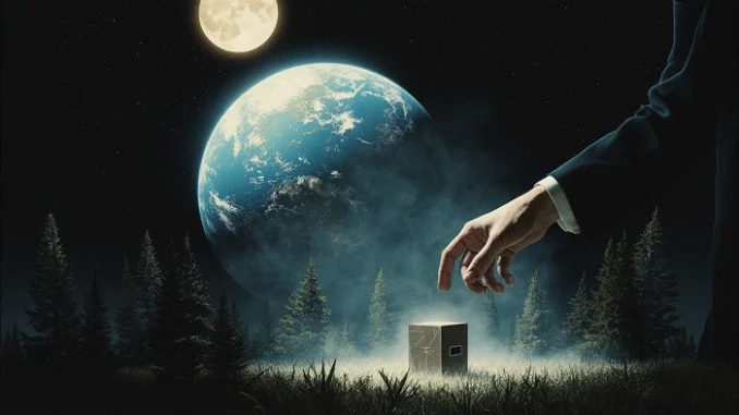 Ruka sahající po malé krabičce v noční krajině pod svitem měsíce a planety Země – symbol zrodu geocachingu a přechodu od vojenské technologie ke hře v přírodě.