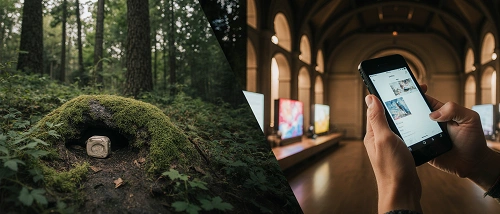 Rozdíl mezi tradičním geocachingem s fyzickou schránkou v přírodě a Adventure Lab® hrou v muzeu nebo historické budově.