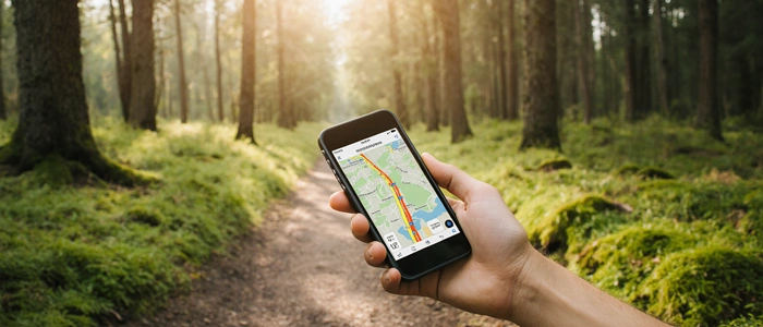 Geocacher kontroluje GPS polohu na telefonu při hledání keše v přírodě.