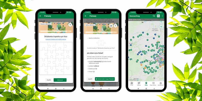 Ukázka aplikace Geocaching® s novou prémiovou kolekcí River Expedition – puzzle poklady a mapa s kešemi.