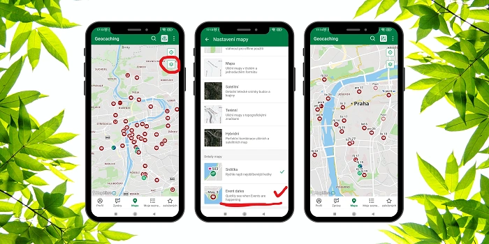 Tři obrazovky mobilní aplikace Geocaching ukazující postup, jak zapnout funkci „Event dates“ v nastavení mapy.