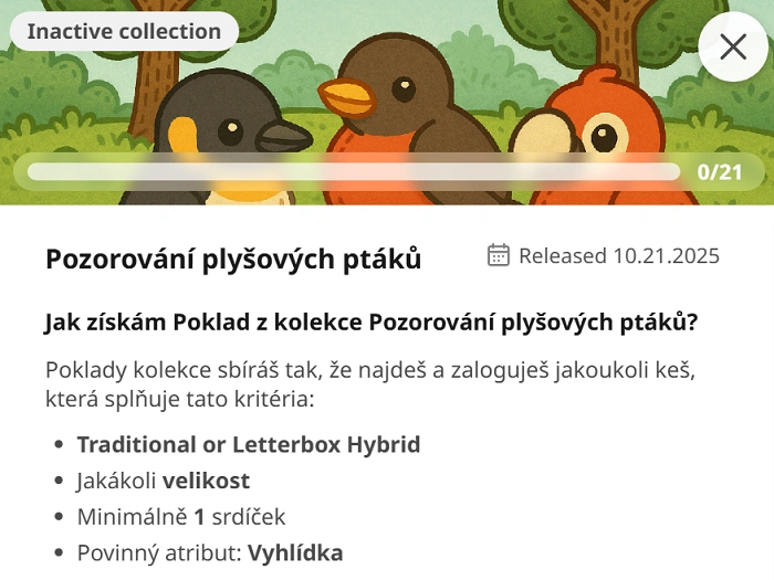 Ilustrační obrázek kolekce Pozorování plyšových ptáků v geocachingu – přehled, jak získat digitální Poklady za keše s vyhlídkou.
