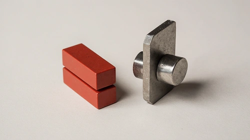 Dva typy magnetů – červené tyčové magnety a kovový magnet s ocelovou destičkou – porovnání vhodnosti pro použití v geocachingu.