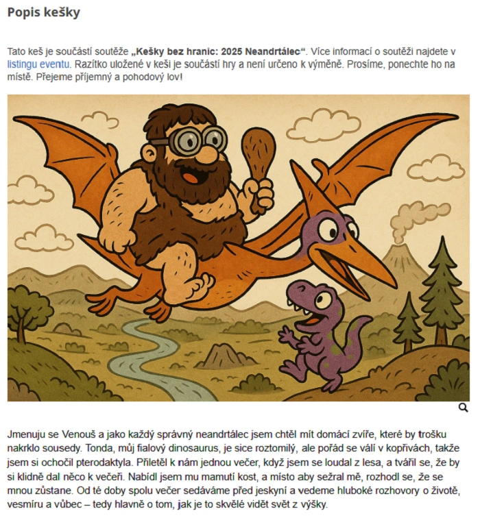 Ilustrace neandrtálce Venouše letícího na pterodaktylovi s malým fialovým dinosaurem v krajině – ukázka kreativního listingu v geocachingu.