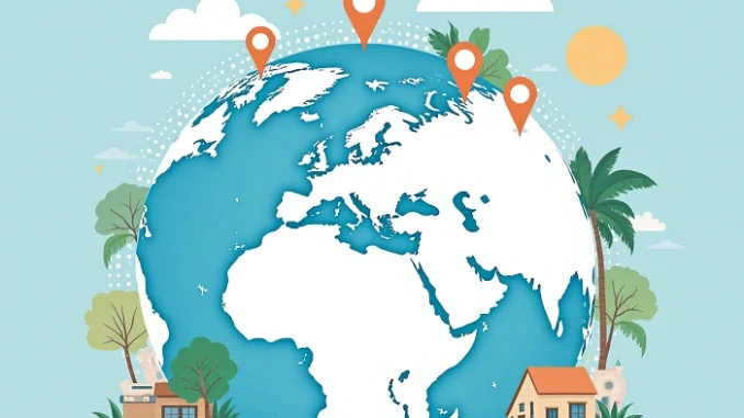 Ilustrace Země s oranžovými značkami míst symbolizujícími jednotlivé lokace - locations - v Adventure Lab keších po celém světě.