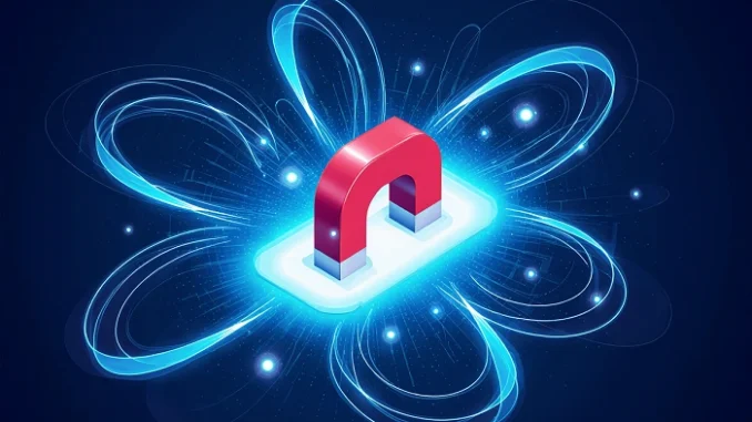 Magnet s viditelnými magnetickými siločarami – ilustrace zobrazující magnetické pole a jeho sílu.