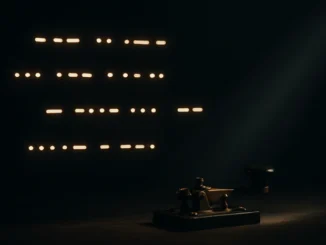 Ilustrace svítících teček a čárek znázorňujících Morseovu abecedu s vintage telegrafním klíčem v tlumeném světle.