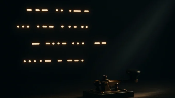 Ilustrace svítících teček a čárek znázorňujících Morseovu abecedu s vintage telegrafním klíčem v tlumeném světle.