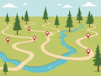 Mapa lesní cesty s několika zastávkami označenými červenými body – ilustrace geocachingové multi-cache trasy.