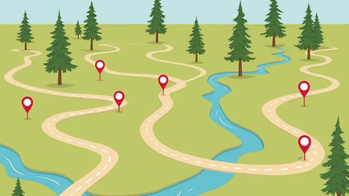 Mapa lesní cesty s několika zastávkami označenými červenými body – ilustrace geocachingové multi-cache trasy.