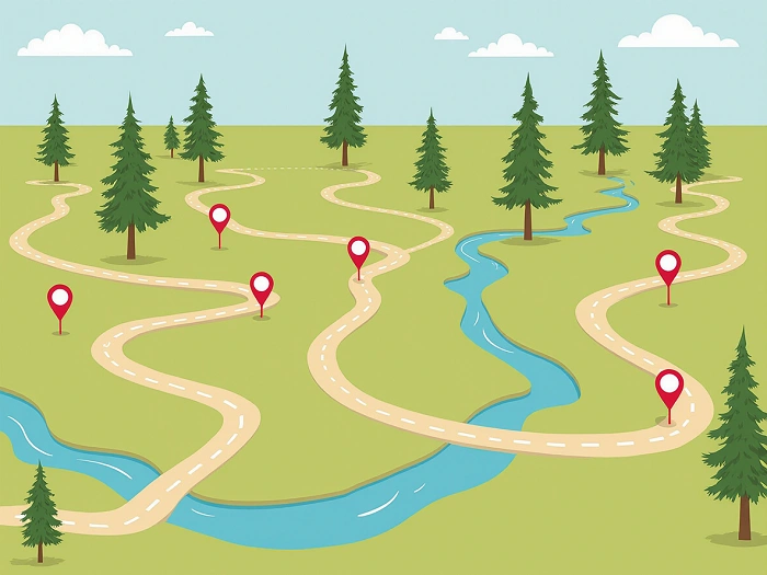 Mapa lesní cesty s několika zastávkami označenými červenými body – ilustrace geocachingové multi-cache trasy.