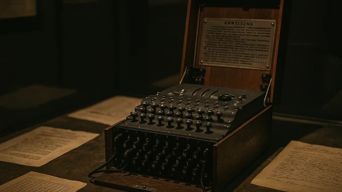 Stroj Enigma vystavený v muzeu, obklopený válečnými dokumenty a šifrovacími papíry, symbolizuje tajemství a logiku mystery keší.
