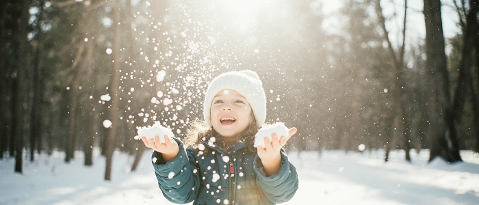 Rozesmáté dítě si hraje se sněhem v zimní krajině, sluneční paprsky dopadají mezi stromy, radost z objevování v přírodě.