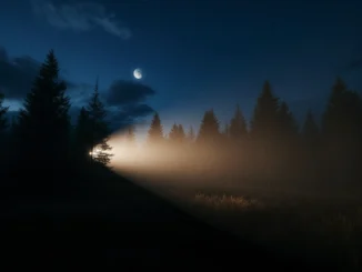 Noční les ozářený světlem baterky, měsíc a hvězdy nad obzorem – atmosféra nočního geocachingu.