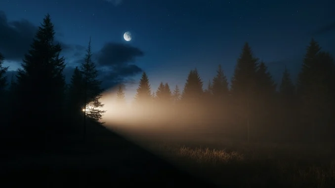 Noční les ozářený světlem baterky, měsíc a hvězdy nad obzorem – atmosféra nočního geocachingu.