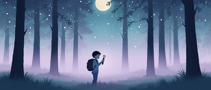 Ilustrace geocachera v nočním lese s baterkou a batohem pod hvězdnou oblohou a úplňkem – dobrodružství při hledání nočních keší.